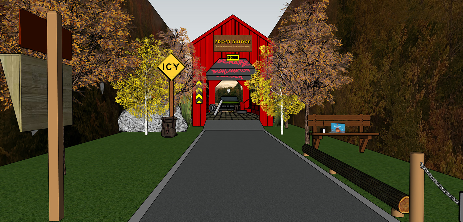 Burlington Bleeder roadway leading to covered bridge